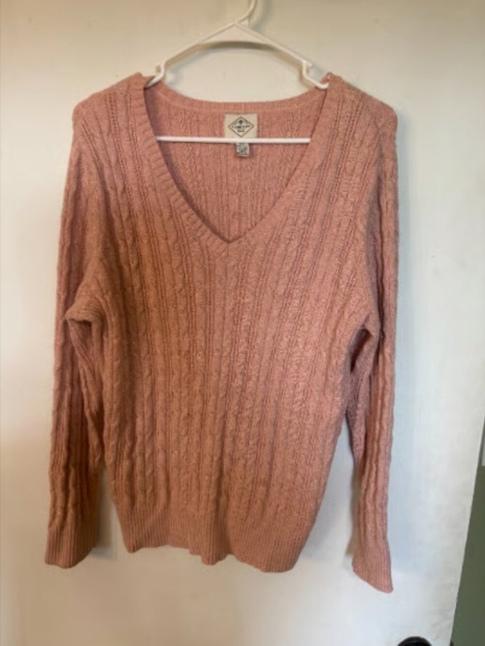 St. John's Bay Women's Pink with slight sparkle Cable Knit V-Neck Sweater